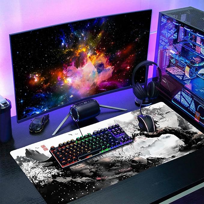 Black Whtie Japanese Gaming Mouse Pad XXL Anime Sakura Cherry Blossom Tree Extended Large Mat Mousepad Desk Pad Non-Slip Rubber Base Stitched Edge Keyboard Pad Playmat for Computer35.4×15.7 Inch
