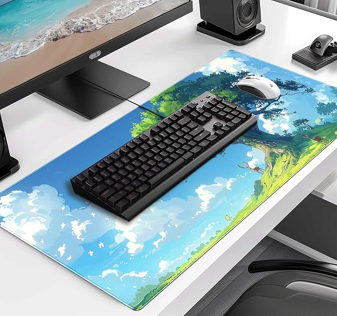 Simple and Cute Anime Landscape Computer Mouse Pad Large Green Plant Outdoor Landscape Office Desk Pad 35.4 x 15.7 x 0.12 Inch Sewn Edge Non Slip Rubber Base Mouse Pad