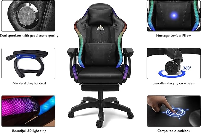 Enhance Your Gaming Experience with Our Ergonomic Reclining Gaming Chair with RGB LED Lights Massage and Dual Speakers - Perfect for Adults Teens and Kids! (All-Black)