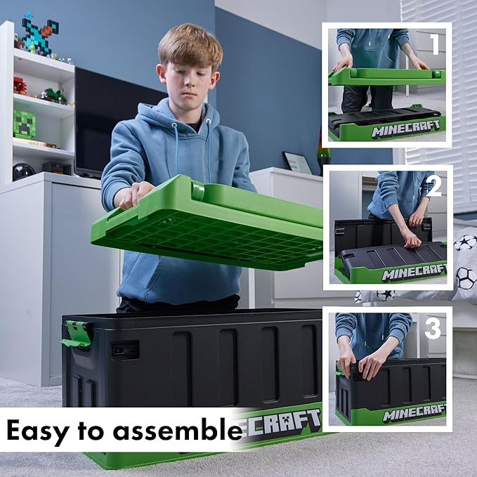 Numskull Minecraft 2-in-1 Toy Storage Box &amp Folding Chair - Gaming Accessory Organizer with lid and handles for Family Rooms Official Minecraft Merchandise