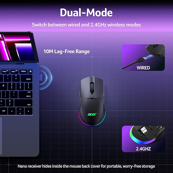 acer Wireless Gaming Mouse for Laptop 24000 DPI Wired Computer Mouse with 8 Programmable Buttons Left &amp Right Hand Rechargable Gaming Mice Long Battery Life RGB Lighting Gamer for PC Deskto