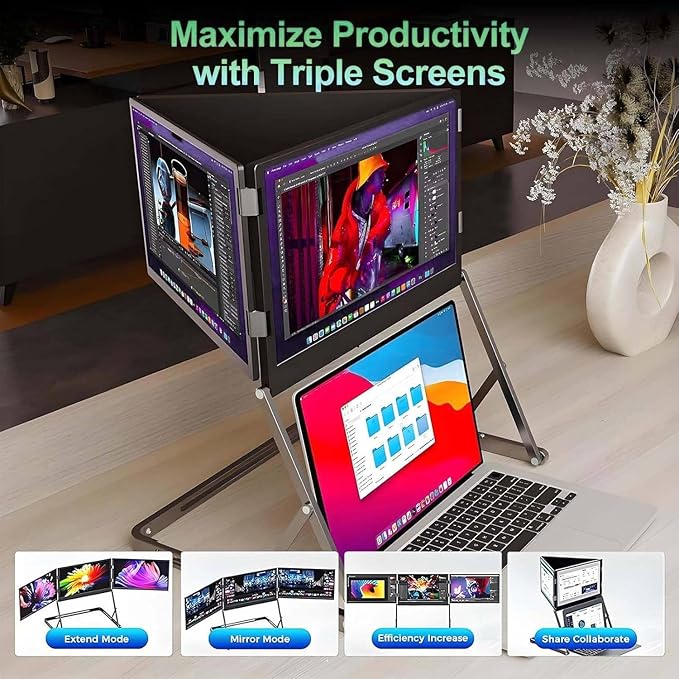 Triple Aero 15.6” Pro Premium Triple Portable Monitor Extender 1080P FHD Triple Screen Laptop Monitor Extender Portable Monitor for Lap Top with 360° Rotation Adjustable Viewing Angles
