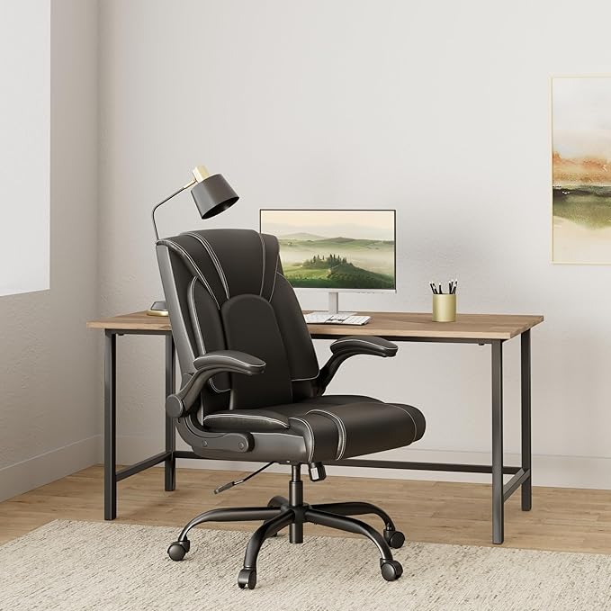 OUTFINE Flip-up Arms Office Chair 300lbs Executive Chair Swivel Office Chair with hydrolysis-Resistant Leather Spring Cushion Thick Padding and Ergonomic Design (Black Flip Arm Medium)