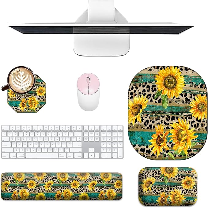 Keyboard Wrist Rest and Mouse Pad Set Keyboard Wrist Support + Small Mouse Pad + Elbow Arm Rest Pad + Coaster Ergonomic Memory Foam Wrist Rest for Computer Keyboard Leopard Sunflower