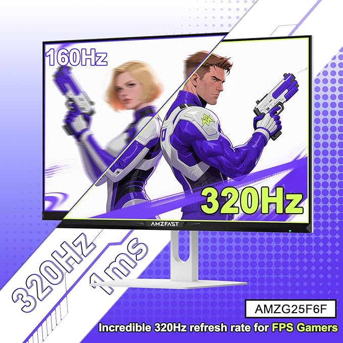 Amzfast 25 Inch White Gaming Monitor 320Hz/300Hz/240Hz FHD 1080P 1ms Fast IPS Monitor 12 Months Warranty Exchange (DP Cable) TÜV Rheinland Eye Care | AI Crosshair Night Vision Function