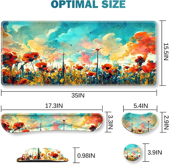 ARTSO Gaming Mouse Pad Wrist Support Set XXL Large Desk Mat Mousepad + Keyboard Wrist Support+ Mouse Wrist Rest+Coaster 4in1 Ergonomic Stitched Edge for Home Office -Oil Painting Flowers Plants