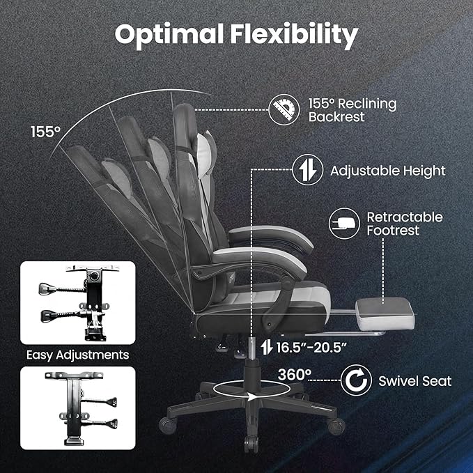Giantex Gaming Chair Ergonomic Video Game Chair w/Footrest Lumbar Support Headrest Reclining Backrest &amp Linkage Armrests Height Adjustable 360° Swivel Computer Desk Chair for Home Office (Gre