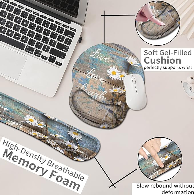 Mouse Pad for Women Ergonomic Gel Mouse Pad Keyboard Wrist Rest Relieves Fatigue White Daisy Flowers on Wooden Non-Slip and Durable Memory Foam Keyboard Wrist Rest for Office Typing