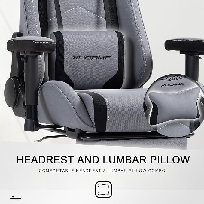 Gaming Chair Video Game Chair with Retractable Footrest and Lumbar Support High Back Ergonomic Computer Chair Adjustbale Height Backrest 4D Armrest (Grey)