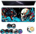 Keyboard Mouse Pad Set Extended Gaming Mouse Pad+Ergonomics Keyboard Wrist Rest Support Memory Foam Easy Typing Pain Relief 4Pcs XL Ultra Thick Desk MatNeon Leopard and Skull