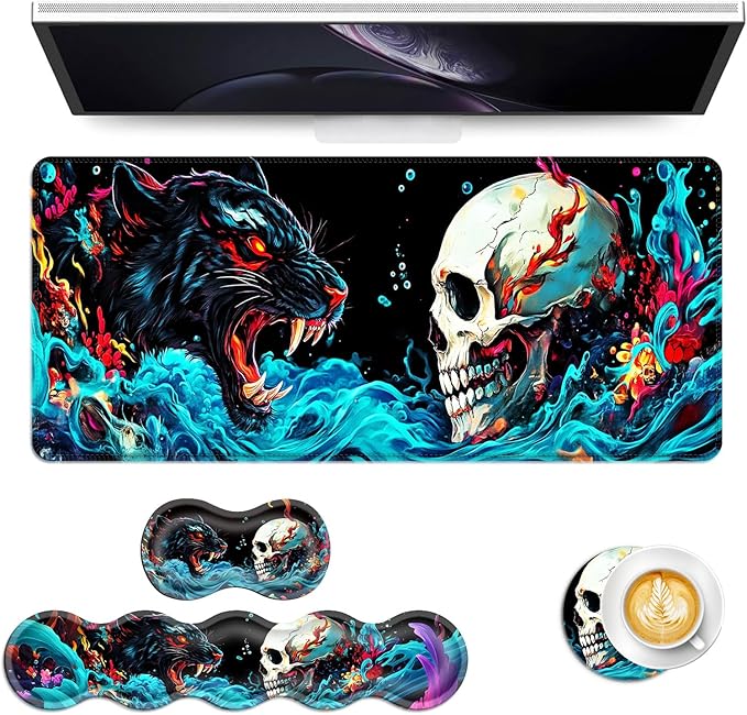 Keyboard Mouse Pad Set Extended Gaming Mouse Pad+Ergonomics Keyboard Wrist Rest Support Memory Foam Easy Typing Pain Relief 4Pcs XL Ultra Thick Desk MatNeon Leopard and Skull