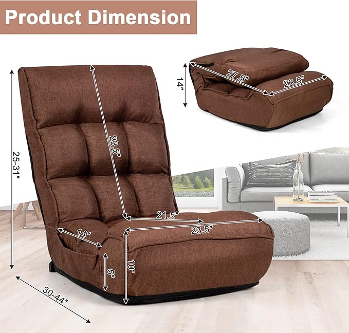 COSTWAY Folding Floor Lounge Chair Floor Gaming Chair with 5-Position Adjustable Head &amp 4-Position Adjustable Backrest Indoor Lazy Sofa Recliner for Bedroom Living Room (Brown)