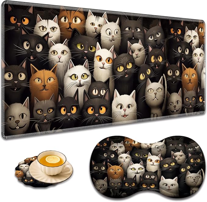 Large Game Mouse Pad + Wrist Support Pad + Coffee Coaster Desk Pad with Sewn Edges Anti-Slip Set pad Suitable for Office Work and Home - A Group of Cats