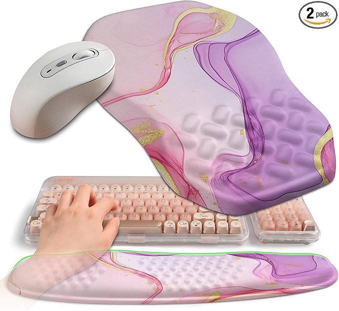2-in-1 Ergonomic Set Wave Keyboard Wrist Rest and Massage Slope Mouse Pad Wrist Support Rebound Memory Foam for Relieve Carpal Tunnel Syndrome and Wrist Pain (Pink Purple Marble)