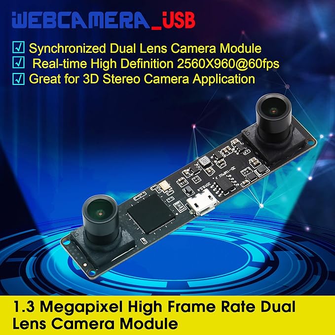 Webcamera_USB Dual Lens USB Camera Module High Speed Lightburn Camera for Laser Engraver 960p 60fps 3D Stereo Synchronized Webcam Board Mini UVC USB2.0 Binocular PC Camera