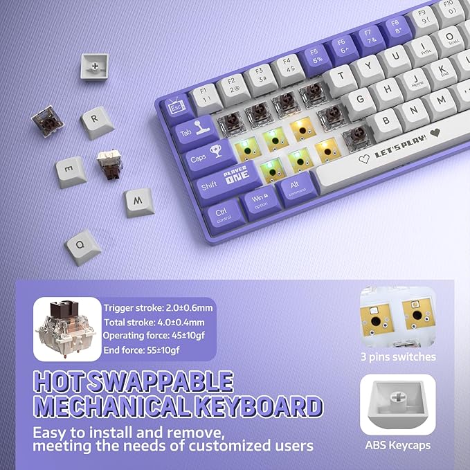 ATTACK SHARK AK680 60% Wired Mechanical Gaming KeyboardHot-SwappableRGB Rainbow BacklitUV Printing and EVA Sound ControlFully Anti-GhostingProgrammableBrown Switch for Windows/Mac Purple&ampWhi