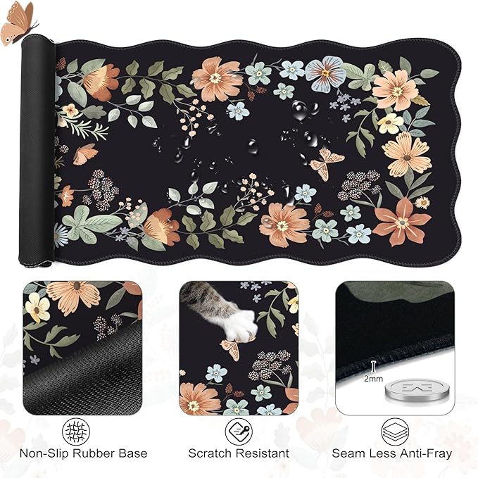 iLeadon Floral Mouse Pad Sets Desk Matt for Desktop Mouse Pad with Wrist Support Extra Large Desk Size Mouse Mat+Cup Coaster with Non-Slip Base for Women Home Office (Black)