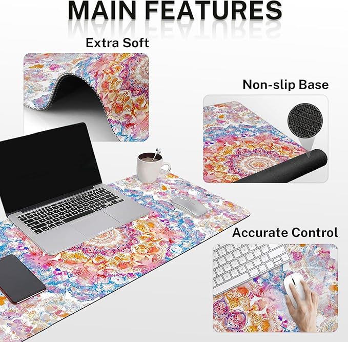 Arttown Boho Flower Floral Desk Mat Ornate Colorful Mouse Pad Set 4 in 1 Vintage Ergonomic Design Large Desk Pad + Keyboard Wrist Rest + Mouse Wrist Rest + Coaster Suitable for Home Office Study Game