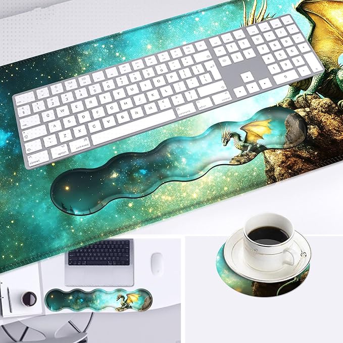 Large Mouse Pad and Keyboard Wrist Rest Desk Pad for Keyboard and Mouse 4-in-1 Large Gaming Mouse Pad with Wrist Support Desk Mat for Home Office Study GameCute Green Dragon
