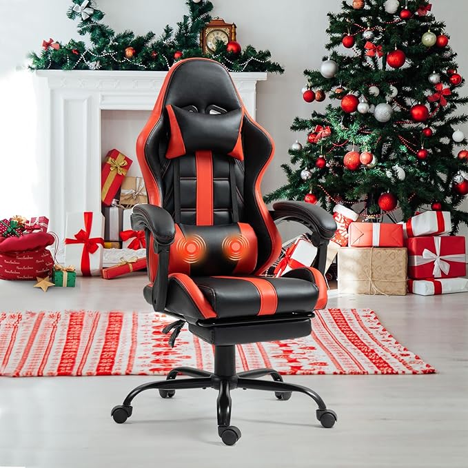 Massage Gaming Chair w/Footrest Ergonomic High Back PC Chair w/Headrest and Lumbar PU Swivel Home Desk Office Chair Red