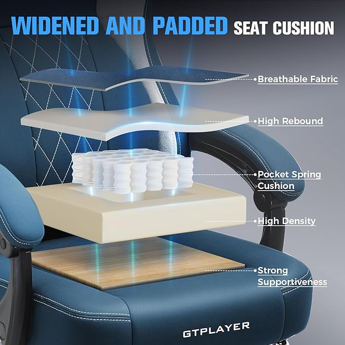 GTPLAYER Big and Tall Gaming Chair Breathable Fabric Computer Chair with Strong Lumbar Support Comfortable Office Chairs with Pocket Spring Cushion High Back Ergonomic Desk Chairs with Footrest
