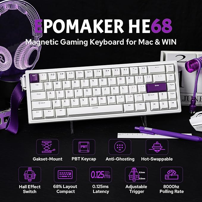 EPOMAKER HE68 Hall Effect Keyboard 8000hz Polling 0.01mm Adjustable Trigger 0.125ms Latency Creamy Gasket Snap Key SOCD RGB Wired Magnetic Gaming Keyboard for Mac/PC (White)