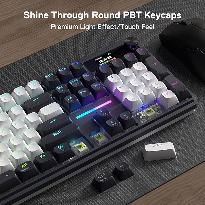 Redragon K762 Wireless Gasket Gaming Keyboard w/Hype Screen &amp Knob 104 Keys Mechanical Keyboard Easy-Control 1.14’’ TFT Info Display 5-Layer Noise Dampening Round PBT Keycaps Mint Mambo Switc