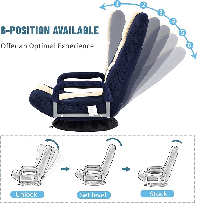 Foldable Floor Gaming Chair Video Gaming Rocker Chair for Adults 360° Swivel Comfort Armrest 7-position adjustable back for TV Reading 330 lbs Support Steel Frame Comfortable Fabrics (Blue+Beige)