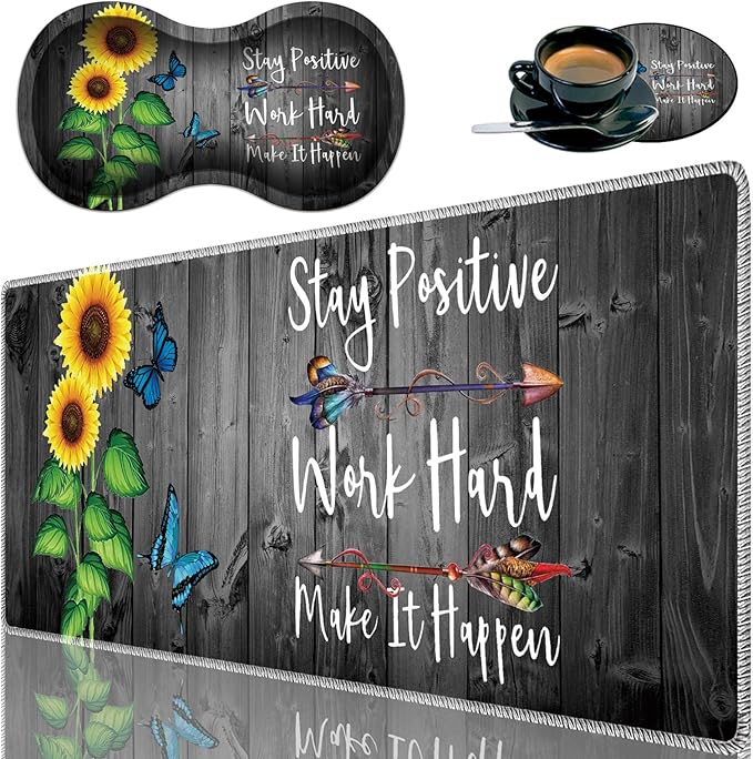 Durable Desk Mat + Wrist Rest Pad + Coasters Set Large Gaming Office Mouse Pad 31.5 x 11.8 Extended Non-Slip Rubber Keyboard Pad Laptop &amp Home Sunflower Inspirational Quote