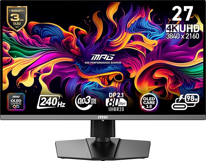 msi MPG 272URX QD-OLED 27-inch 3840 x 2160 (UHD) Computer Monitor 240Hz Adaptive-Synch HDMI DP Port VESA Mountable Tilt Speaker 0.03ms Black