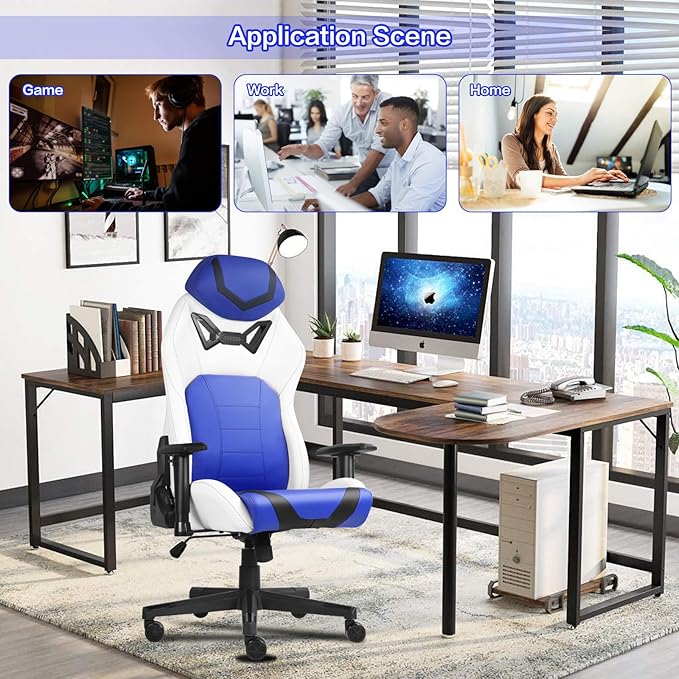 Modern-Depo Ergonomic Gaming Chairs for Adults with High-Density Memory Foam | Swivel Comfortable Office Chair Big and Tall Video Game Chair High Back Computer Chair for Home Office Blue White