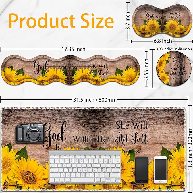 Large Mouse Pad Set Desktop Mouse Pad + Keyboard Wrist Pad + Mouse Wrist Pad + Coaster Ergonomic Memory Foam Multi-functional Desk Mat - Psalm 46:5 Sunflower