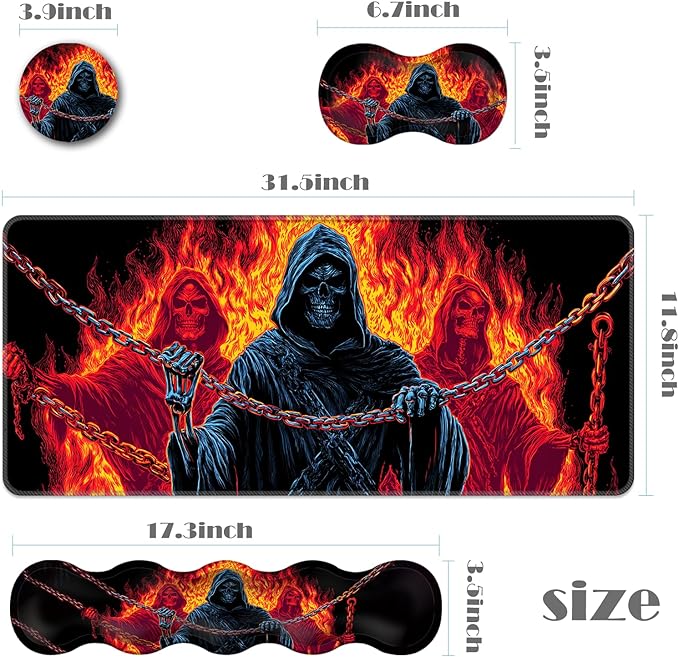 Ergonomic Keyboard Wrist Rest &amp Mouse Pad Wrist Rest SetXL Gaming Desk Mat 31.5x 11.8Non-Slip BaseMemory FoamEasy Typing Pain Relief for Office &amp HomeSkull with Flames