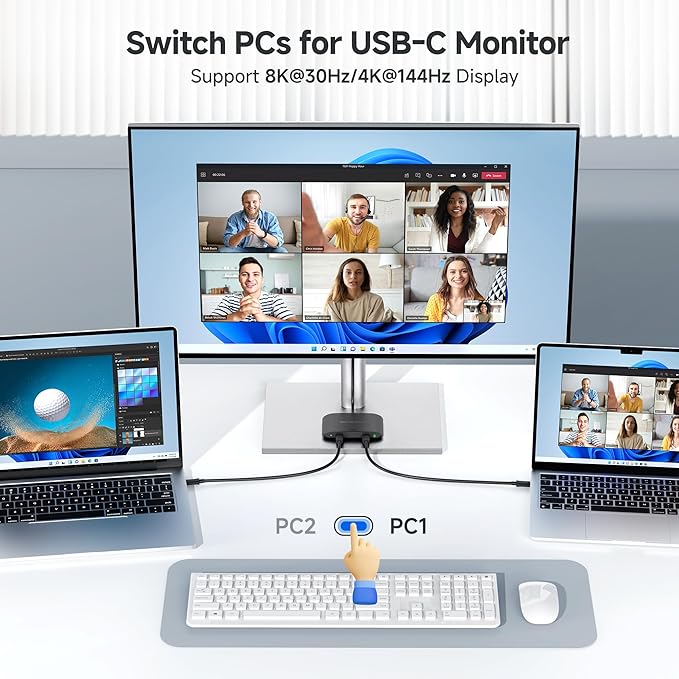 Cable Matters 20Gbps USB C Switch for 2 Computers Up to 8K@30Hz on Windows 4K@60Hz on macOS 140W PD for Sharing a USB-C/Thunderbolt 4 Monitor or Dock (Not Work with Captive Cable Docks) Black