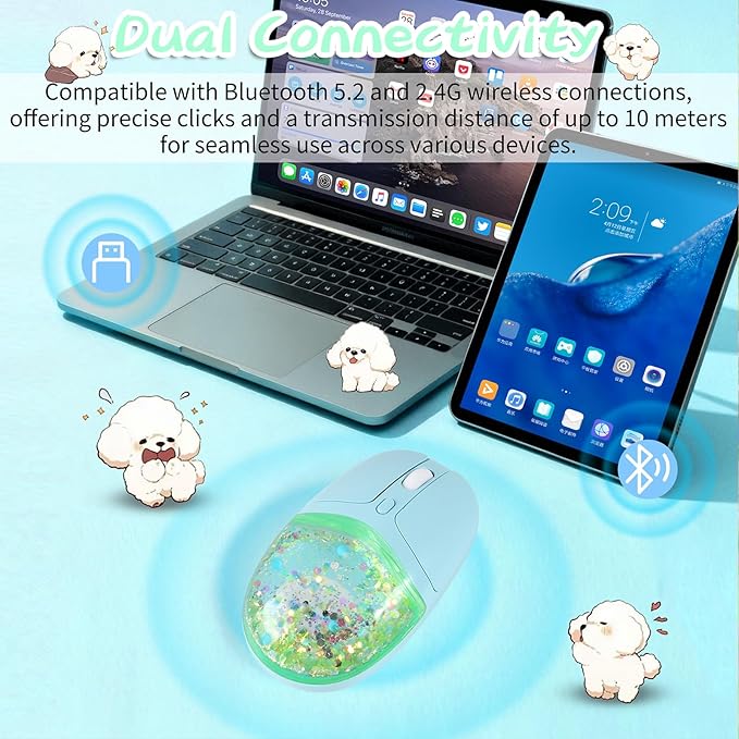 elec Space Wireless Bluetooth Mouse -Cute Clear Aqua Design Glitter Liquid Sand Water Mouse with Optical Precision Silent Clicks LED Breathing LightTransparent Retro Style for Home Office (Green)