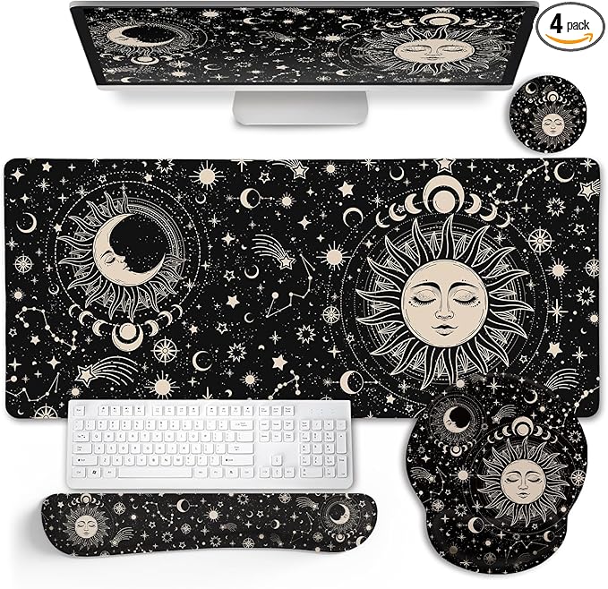 Sun Moon Mouse Pad Set Desk Mat Pad XXL Large Gaming Mouse Pad with Wrist Rest Ergonomic Mouse Pad Keyboard Wrist Rest Coaster Home Office Desk Accessories Decor Supplies Boho Abstract
