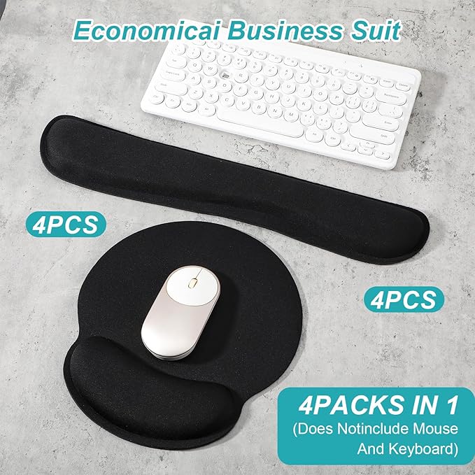 8 Pcs Ergonomic Mouse Pad and Keyboard Wrist Rest Set Memory Foam Support for Comfortable Typing Black Computer Gaming Office Home Accessories