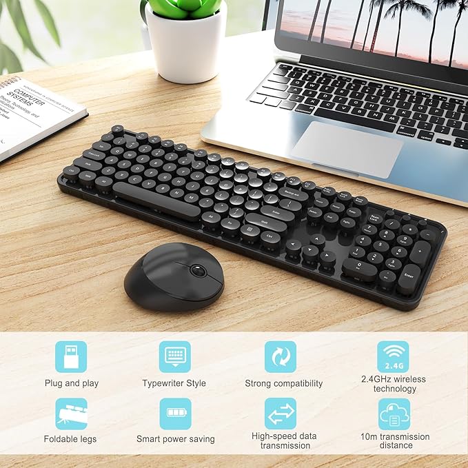 Wireless Keyboard and Mouse Combo Ergonomic Full Size Typewriter Retro Round Keycaps Keyboard Compatible with Windows PC Perfer for Home and Office Keyboards (Black