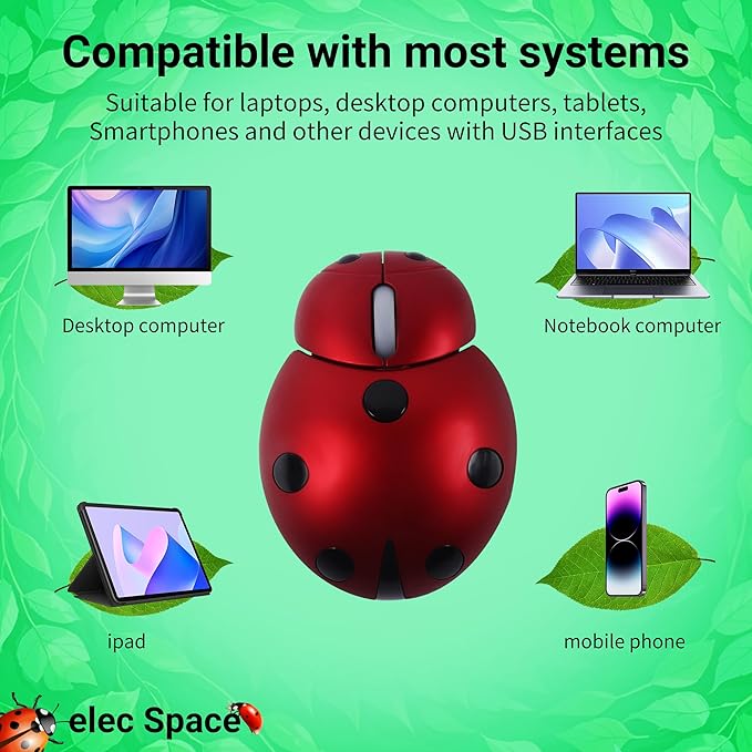 elec Space Wireless Mouse for Laptop &amp Kids Cute Ladybug Shape Ergonomic Mouse with Case Cordless for Laptop PC Mac &amp Notebook (Red)