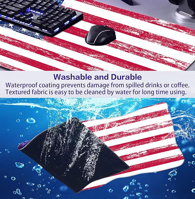 American Flag XXL Extended Mouse Pad Laptop Pad Waterproof Non Slip Gaming Office and Home Stitching Edge Table Pad 35.4 x 15.7 x 0.12 Inches