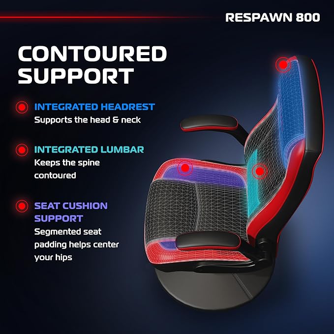Respawn 800 Swivel Rocker Gaming Chair - Ergonomic Floor Gaming Seat with Lumbar Support Flip Up Armrest High Back Pedestal Base Comfortable No Wheels Console Video Game Rocker Chair - Red