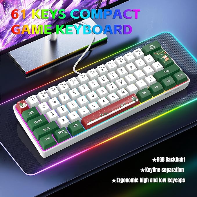Snpurdiri 60% Wired Gaming Keyboard RGB Backlit Small Ultra-Compact 61 Keys 60 Percent Gaming Keyboard for PC/Mac Gamer Typist Travel Easy to Carry on Business Trip(Red Green White)