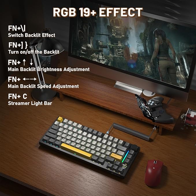 A.JAZZ Attack Shark X820Ultra 75% Wireless Mechanical Gaming Keyboard and Coiled Cable Hot Swappable 2.4GHz/Bluetooth/Wired Keyboard with Screen &amp Knob RGB Backlit Gasket Mount Gift Switch-Starbla