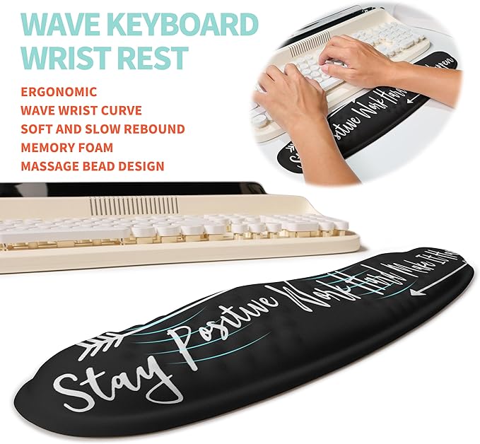 2-in-1 Ergonomic Set Wave Rise Keyboard Wrist Rest and Massage Bulge Slope Mouse Pad Wrist Support Cushion Memory Foam Integrated to Relieve Wrist Pain Stay Positive