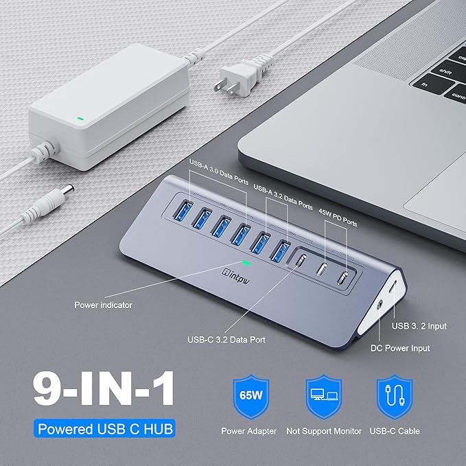 Powered USB Hub 10Gbps intpw YH6AC 9-Port USB Splitter with USB A/USB C 3.2 4 USB 3.0 2 PD 45W Charging Ports 65W Power Adapter + 3.3FT Cable Aluminum USB Extender Hub for Laptop PCiPhone 17/16