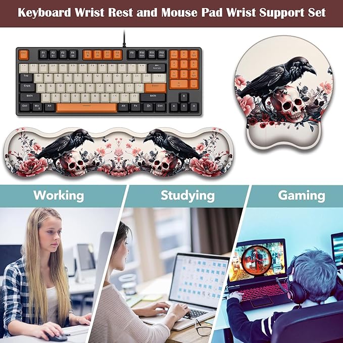 Keyboard Wrist Rest and Mouse Pad Wrist Support with Lace-Shaped Coaster Set Ergonomic Gel Memory Foam and Anti-Slip Base Easy Typing and Pain Relief - Rose Skeleton