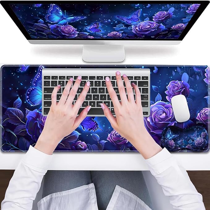 Large Gaming Mouse Pad + Wrist Rest + Lace Coaster Non-Slip Set with Sewn Edges and Waterproof Expandable Desktop Pad Suitable for Office/Home Purple Roses and Butterflies
