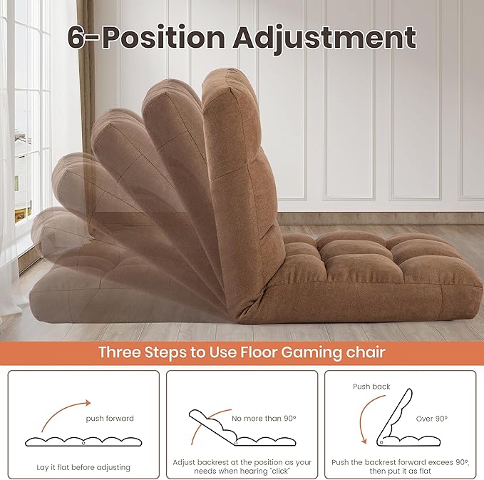 Floor Chair 24 inches Wide Oversized Velvet Armless Lay Flat Floor seat Padded Meditation Chair with 6 Adjustable Position Ergonomic Comfortable Convenient (Casual LRSF-006-TAN)