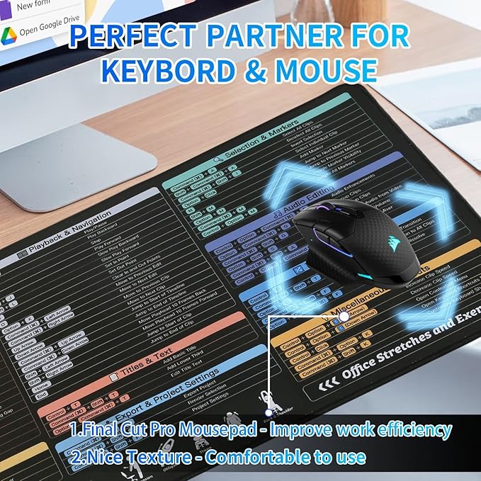Final Cut Pro Shortcuts Mouse pad Extra Large Size Keyboard Shortcut Mat for PC Large Gaming Desk Mat Mousepad Stitched Edges Non-Slip Rubber Base Mouse Pads for Computers Laptop