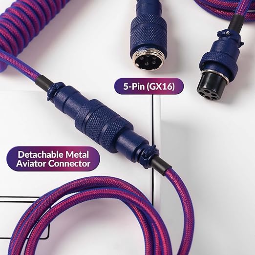 Keychron Premium Coiled USB-C Angled Purple Cable 5-Pin GX16 Detachable Metal Connector USB-A Adapter Double-Sleeved Design for Mechanical Keyboards Charging and Data Sync